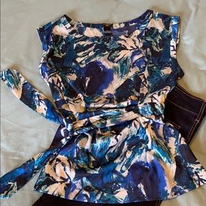 Ann Taylor sleeveless belted blue pattern top